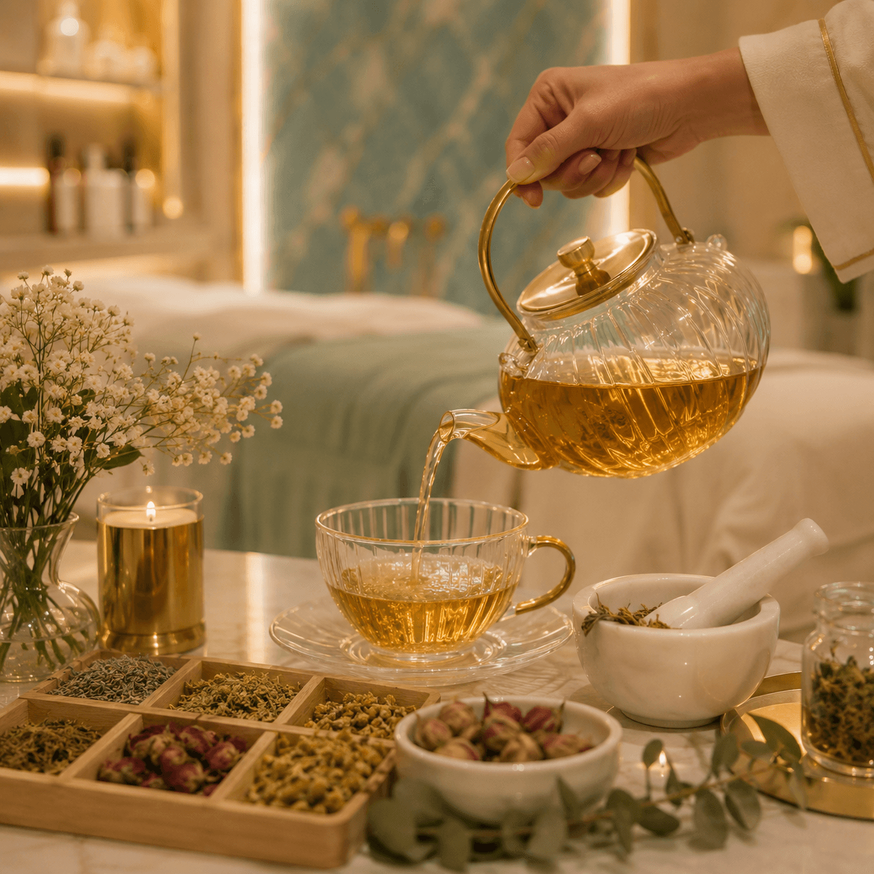 Herbal tea ritual presented in glassware