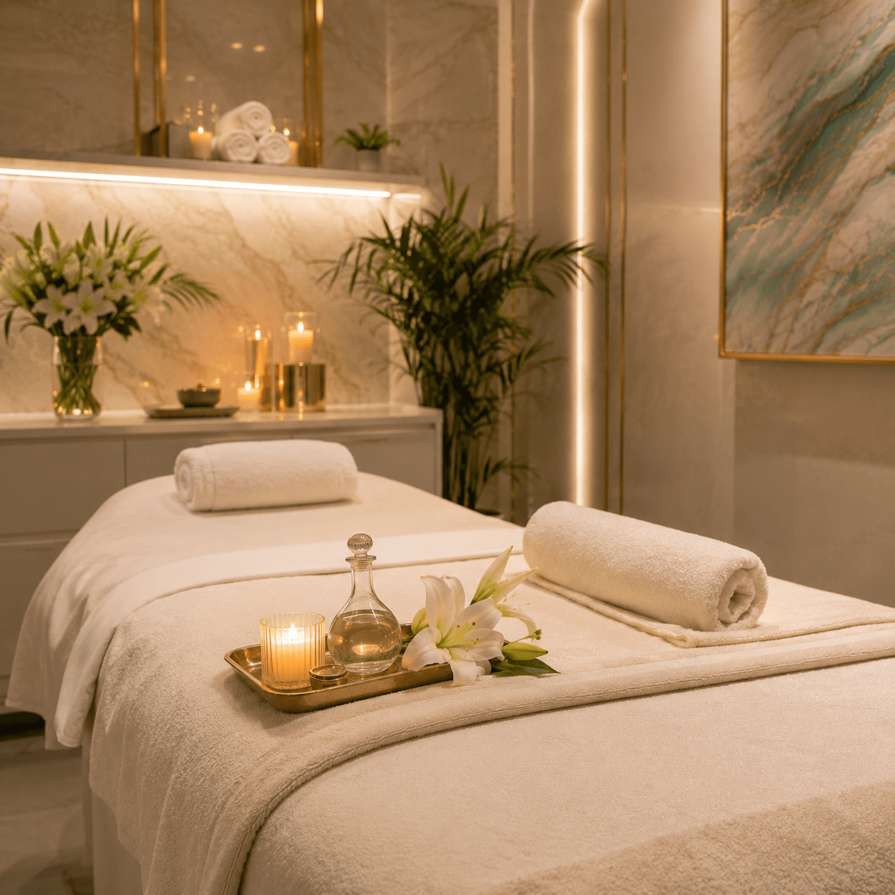 Plush treatment bed dressed in cream linens