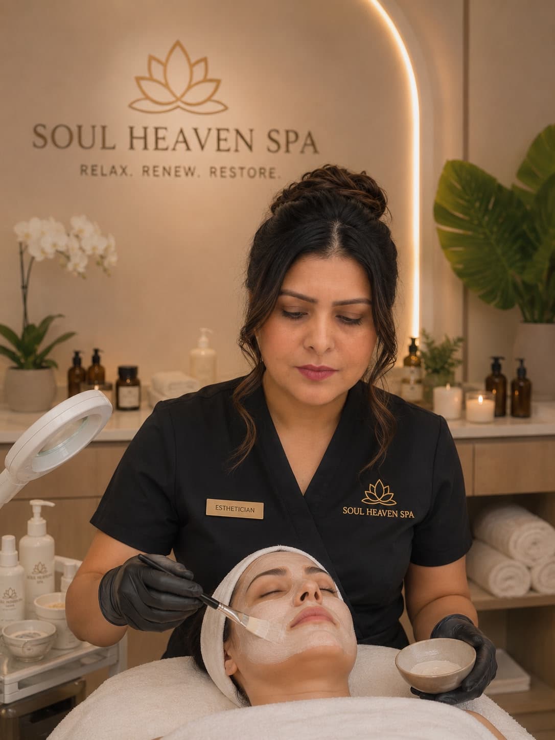 Soul Heaven Spa esthetician applying a facial mask during a treatment